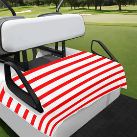 Obtravar red white striped golf cart seat covers on two-seat cart, non-slip and moisture-absorbent for comfort