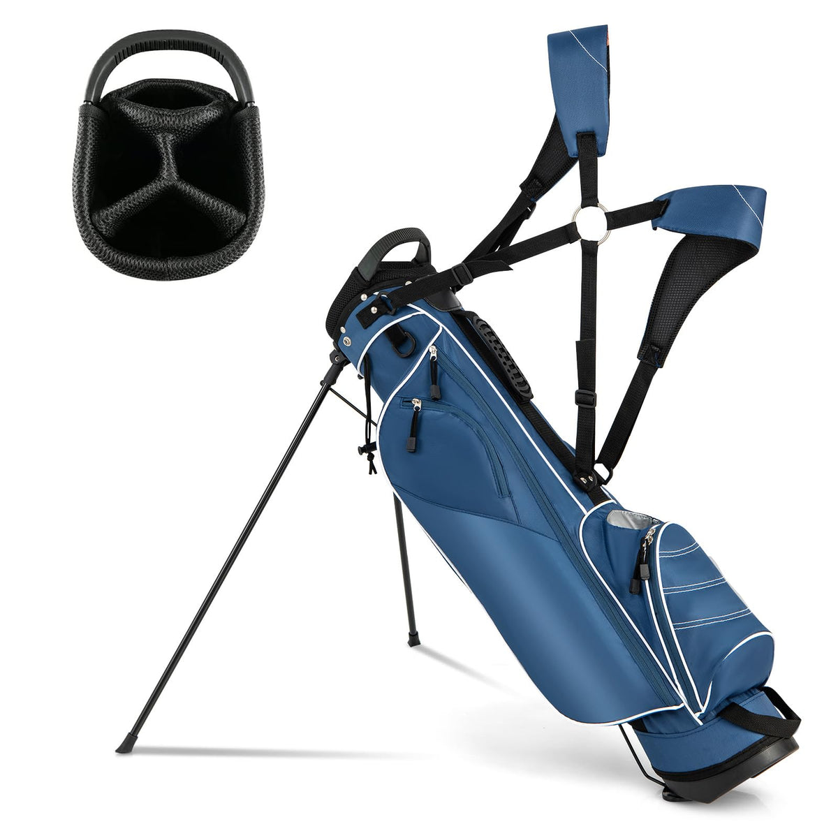 OFFICEJOY golf stand bag front view with four-way dividers for organized clubs.