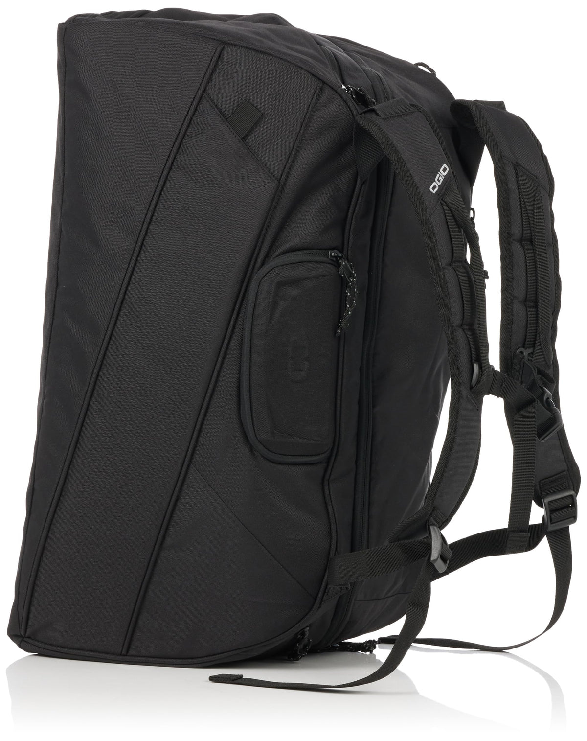 OGIO Team Baseball Duffel Bag in black, side pocket view, easy access to personal items.