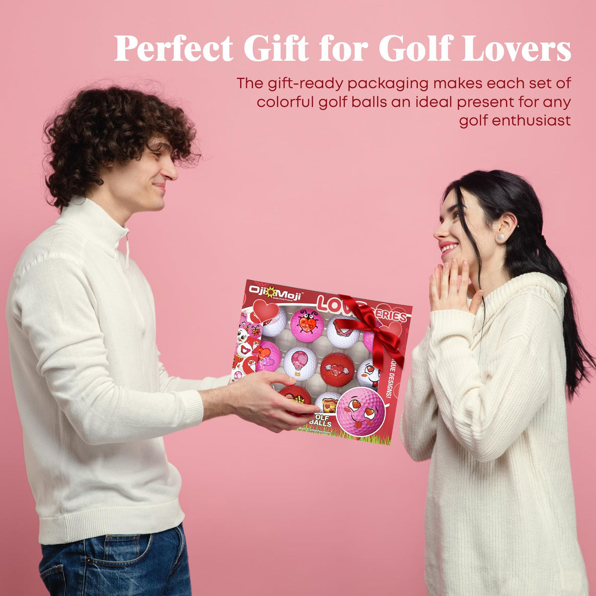 Oji Emoji Valentines golf balls in a gift-ready box for easy gifting