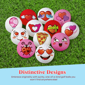 Oji Emoji Valentines golf balls in glossy gift packaging for gifting appeal