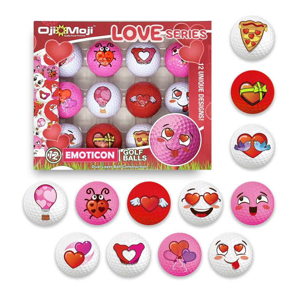 Oji Emoji Valentines golf balls with heart-eyed design for playful on-course vibes