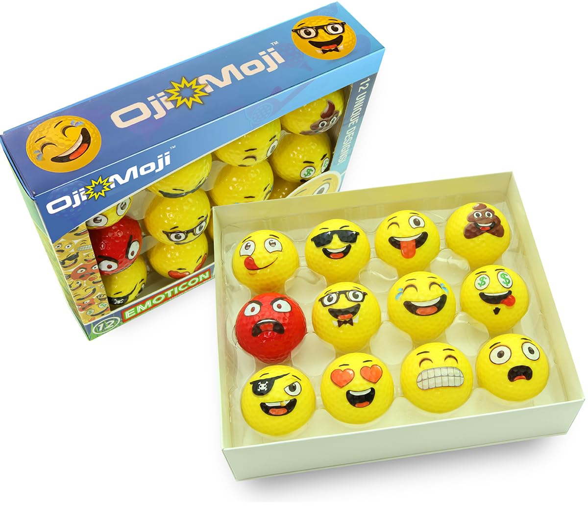 Close up texture of Oji Moji emoticon golf ball for grip and control on the course.