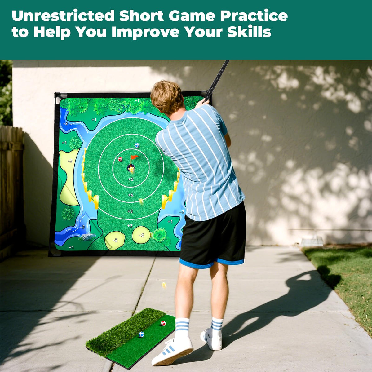 OLenyer flat-to-vertical platform supports chipping and full-swing drills.