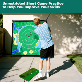 OLenyer flat-to-vertical platform supports chipping and full-swing drills.