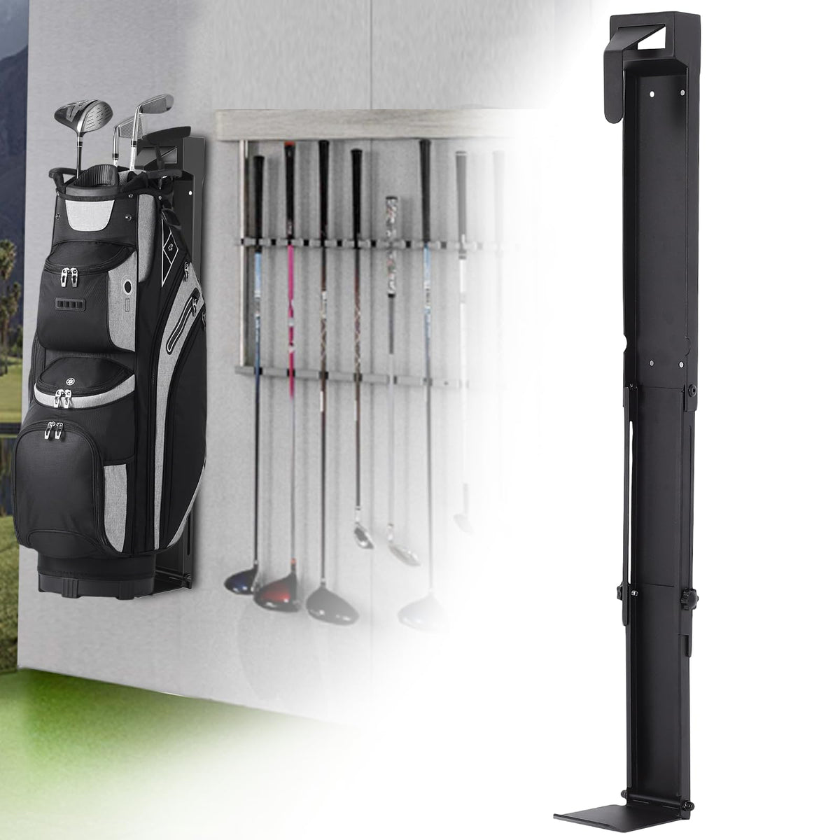 OLenyer wall-mount golf bag storage stand keeps bags off floors and within reach.