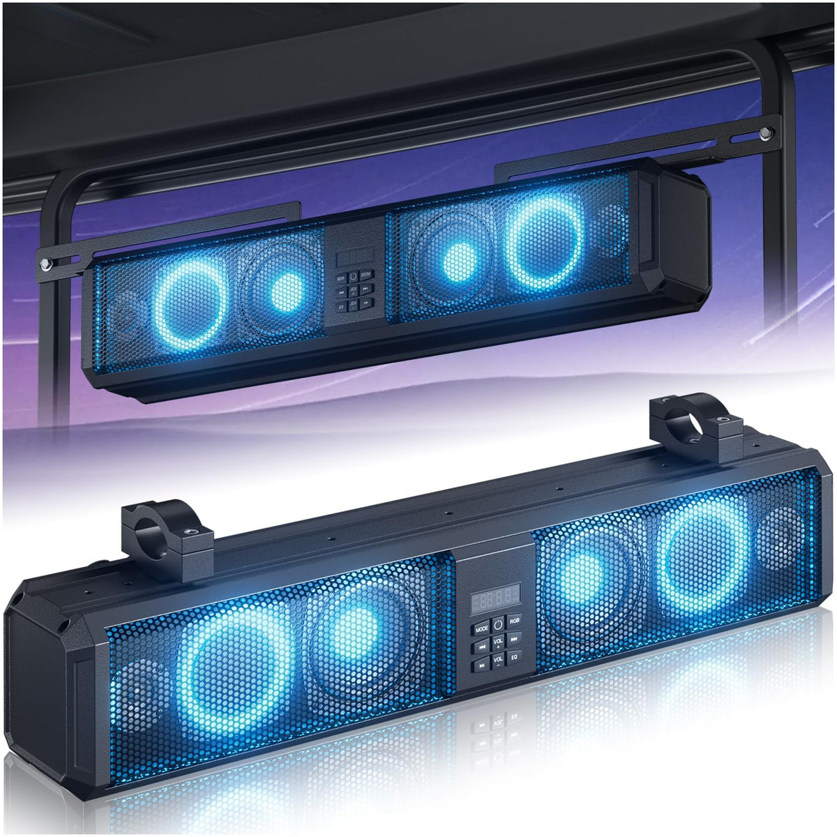 OMEIPMEO 26inch golf cart soundbar front view with RGB lighting for immersive ride