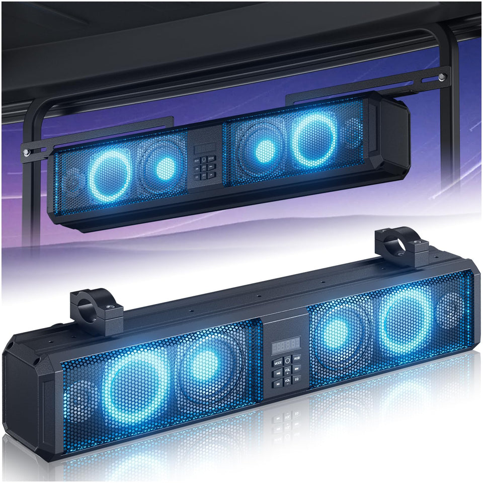 OMEIPMEO 26inch golf cart soundbar front view with RGB lighting for immersive ride