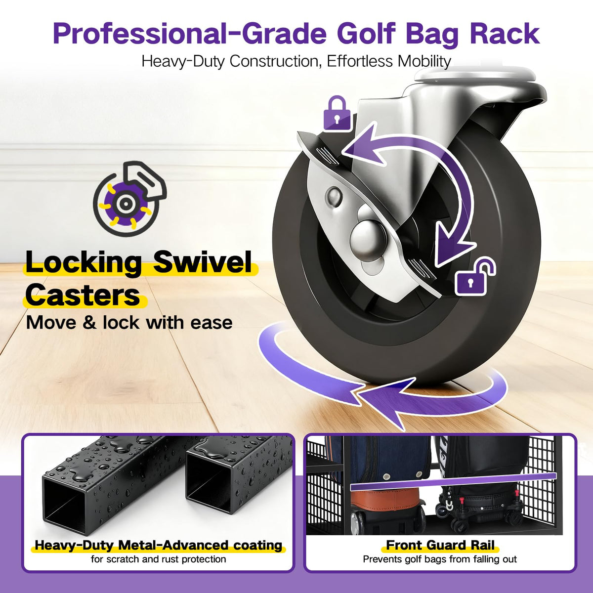 OMEIPMEO 360-degree wheels enabling smooth moves for golf rack