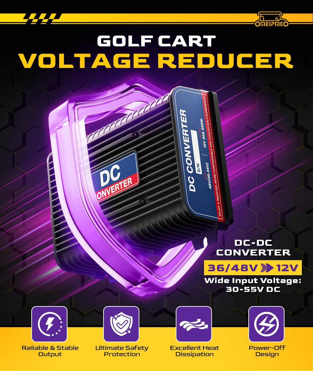 OMEIPMEO side view of golf-cart DC converter showing wiring for easy installation.
