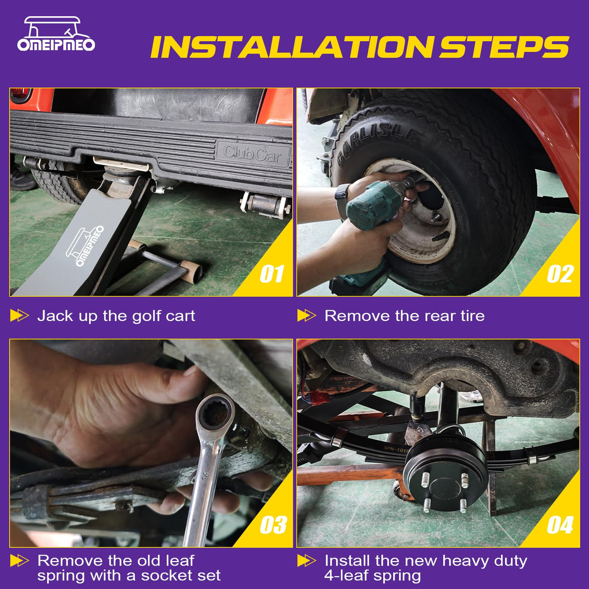 OMEIPMEO Club Car DS rear-suspension upgrade boosts ride comfort and handling.