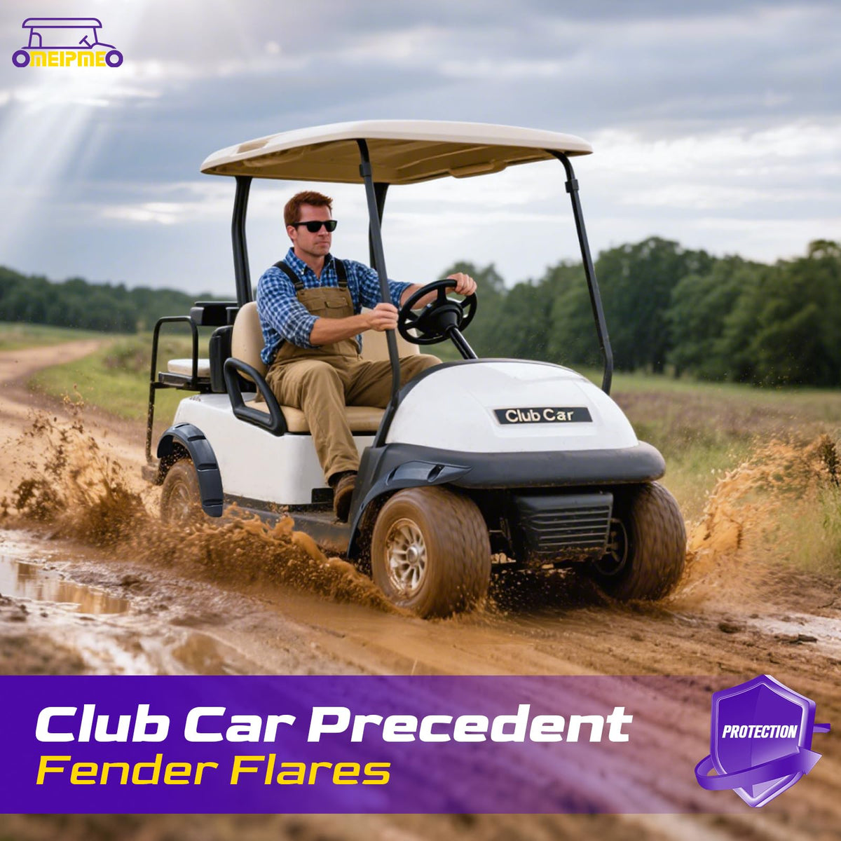 OMEIPMEO Club Car Precedent rear-right fender flare shields occupants from spray on wet courses.