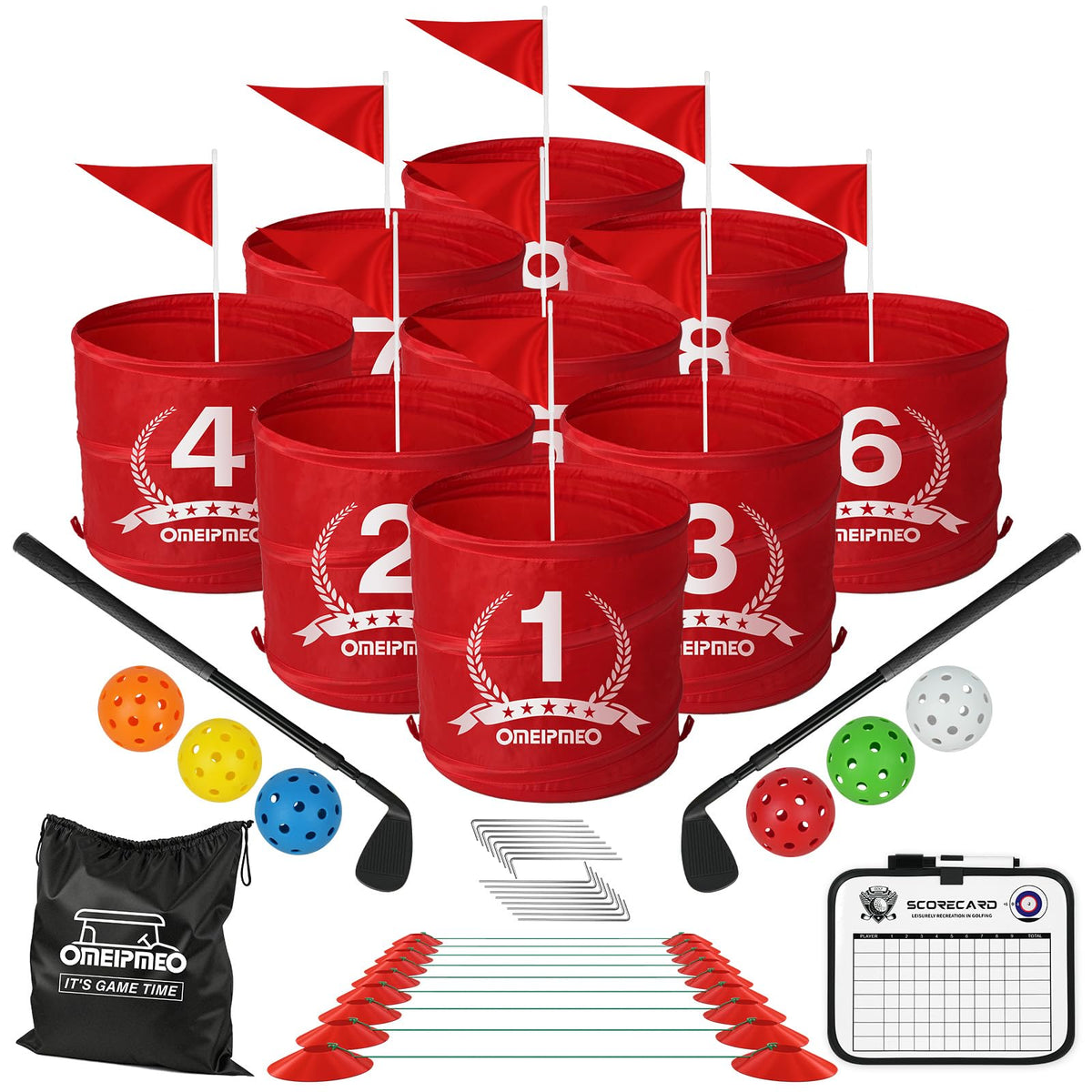 OMEIPMEO deluxe backyard golf buckets show the 9-hole setup for skill-building and family fun.