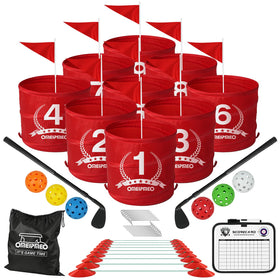 OMEIPMEO deluxe backyard golf buckets show the 9-hole setup for skill-building and family fun.