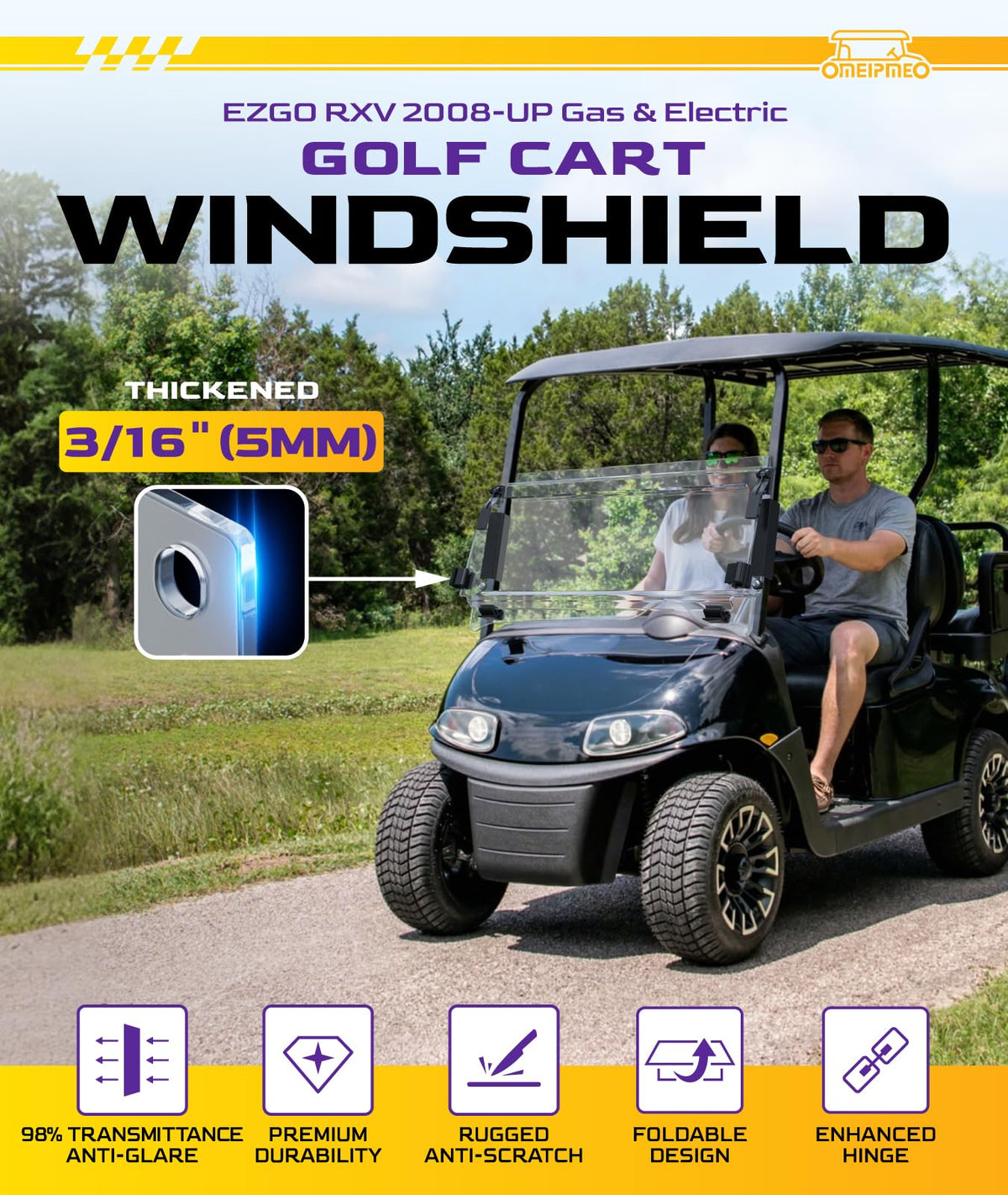OMEIPMEO EZGO RXV windshield shows UV protection and glare reduction in bright sun.
