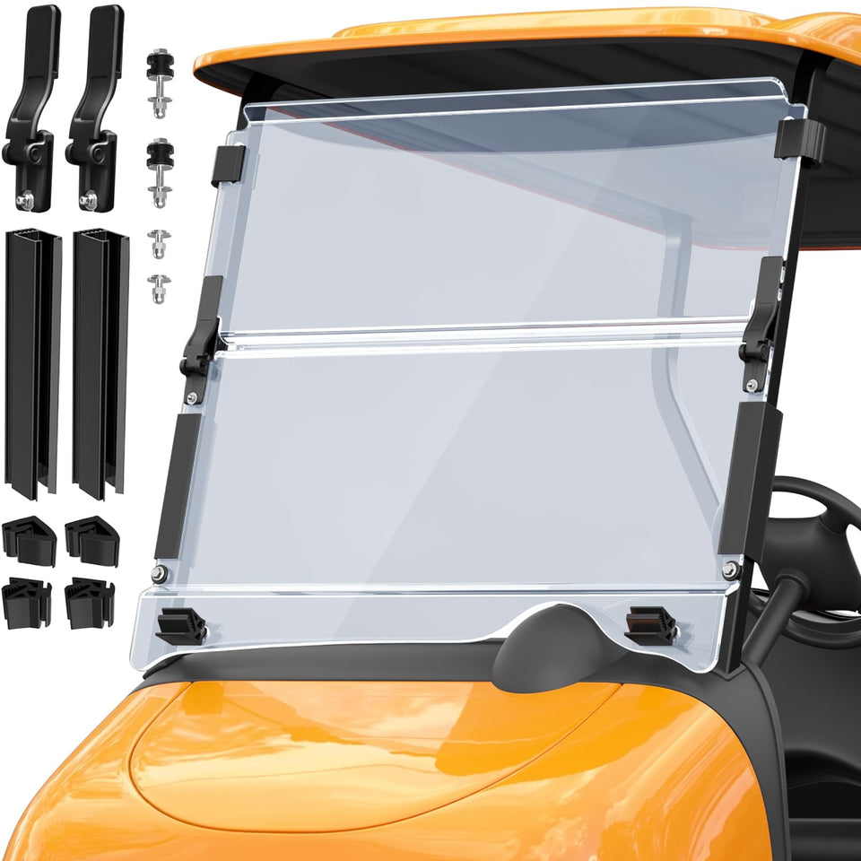 OMEIPMEO EZGO RXV windshield folded with heavy hinges for durability and visibility.