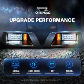 OMEIPMEO EZGO TXT LED headlight kit demonstrates 12V operation on a golf cart.