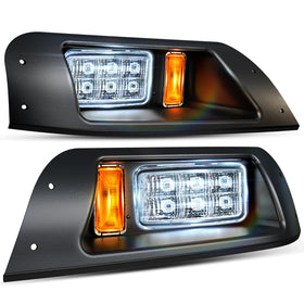 OMEIPMEO EZGO TXT LED headlight kit installation close-up showing wiring and mounting points.