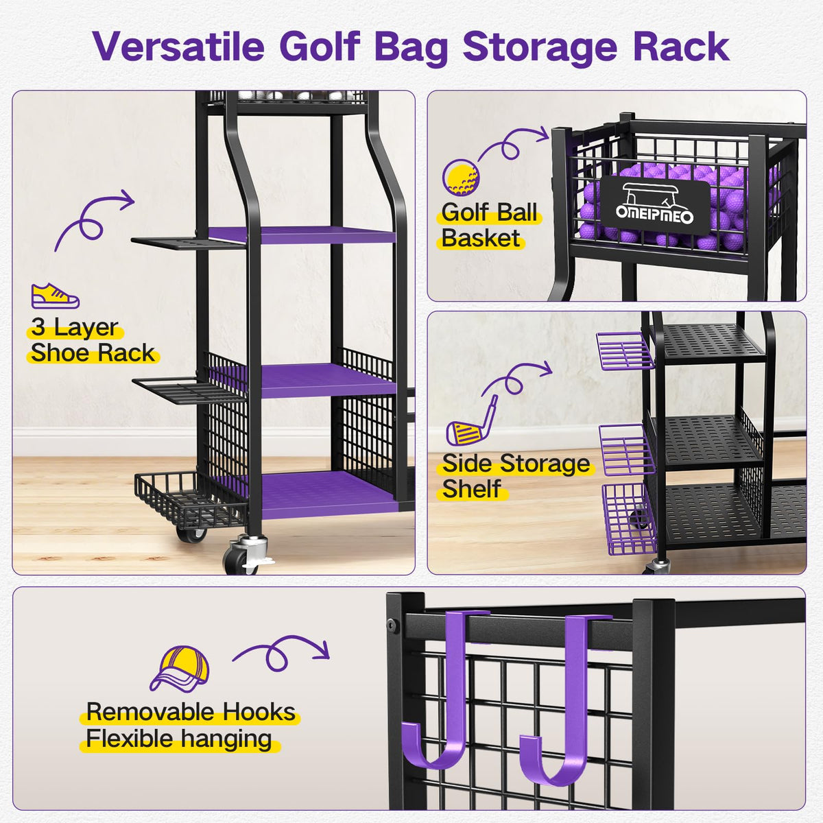 OMEIPMEO golf bag storage rack assembly guide for quick setup.