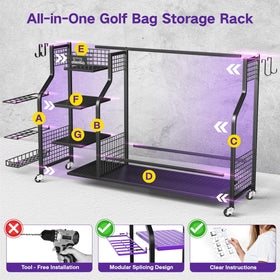 OMEIPMEO golf bag storage rack rust-resistant steel tubes shown.