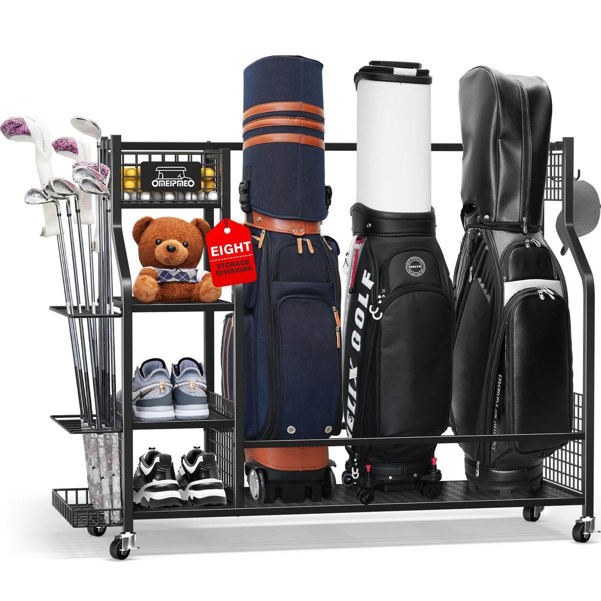 OMEIPMEO golf bag storage rack front view for easy garage organization.