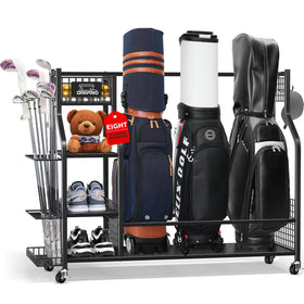 OMEIPMEO golf bag storage rack front view for easy garage organization.