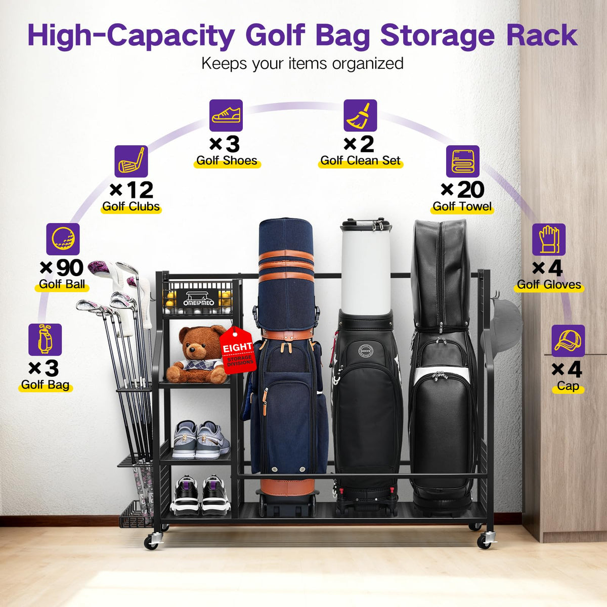 OMEIPMEO golf bag storage rack in a tidy garage setup.