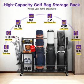 OMEIPMEO golf bag storage rack in a tidy garage setup.