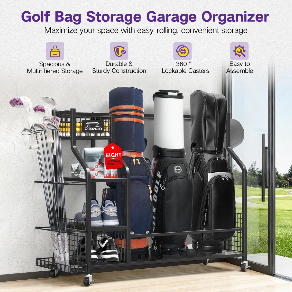 OMEIPMEO golf bag storage rack side view showing multiple bags.