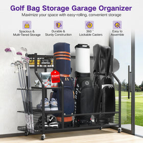 OMEIPMEO golf bag storage rack side view showing multiple bags.