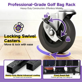 OMEIPMEO golf bag storage rack with wheels for easy maneuverability.