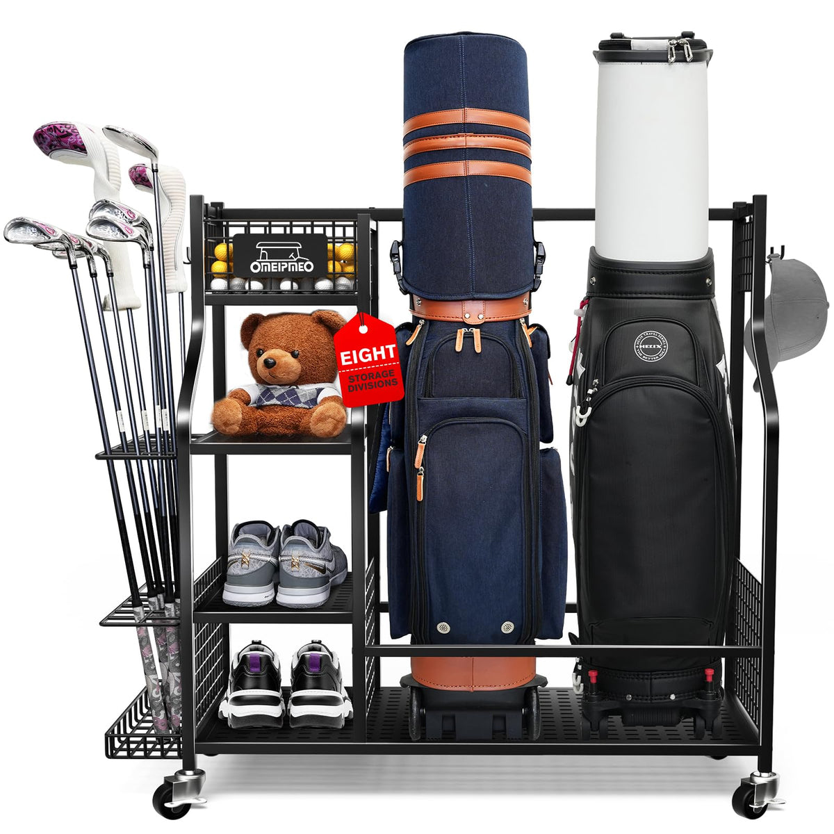 OMEIPMEO golf bag storage stand with wheels for easy garage organization