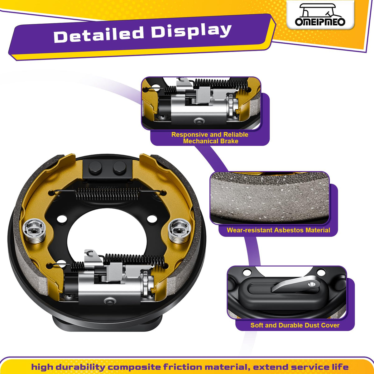 OMEIPMEO brake shoes set close-up emphasizing wear resistance