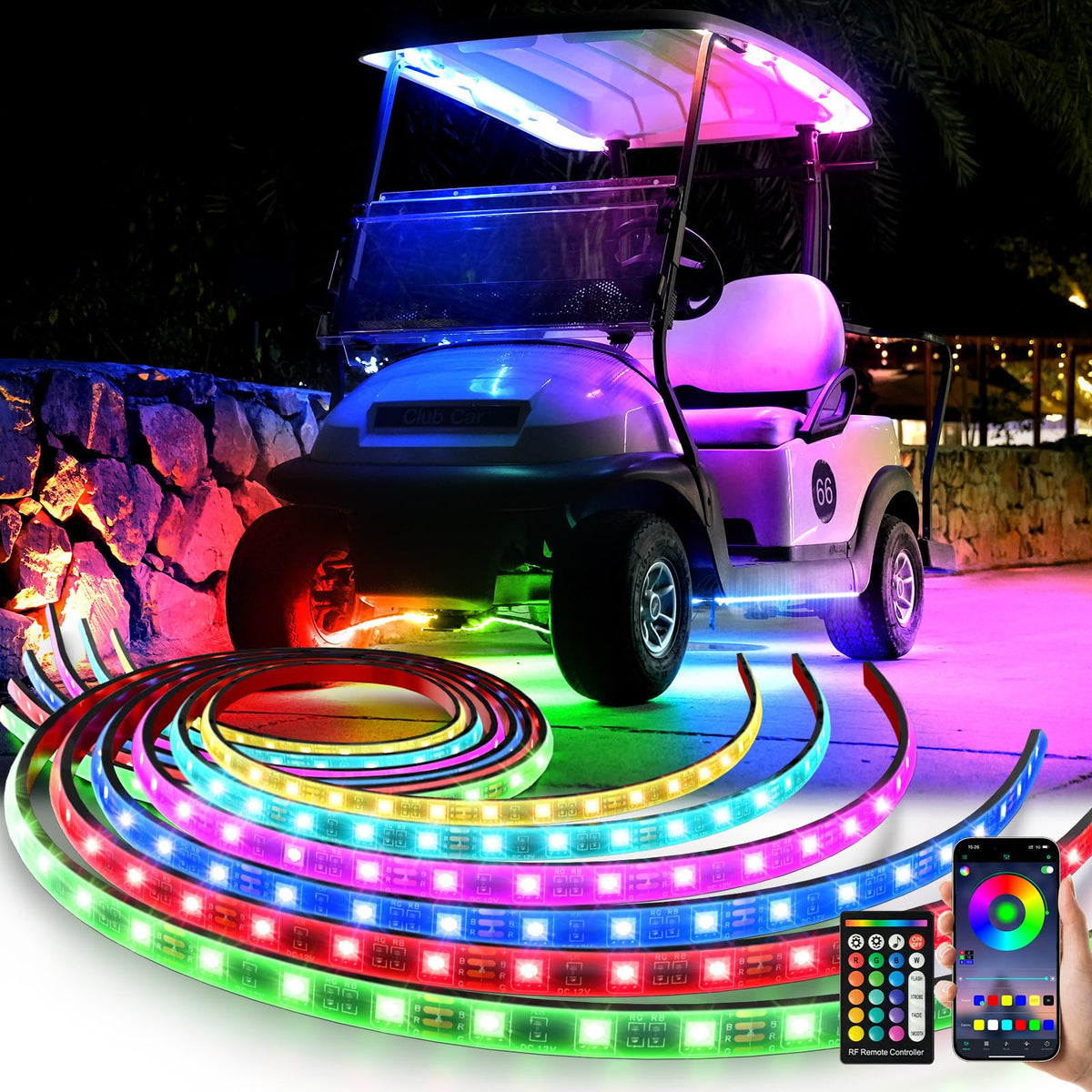 OMEIPMEO golf cart LED underglow kit illuminates the undercarriage for standout night visibility.