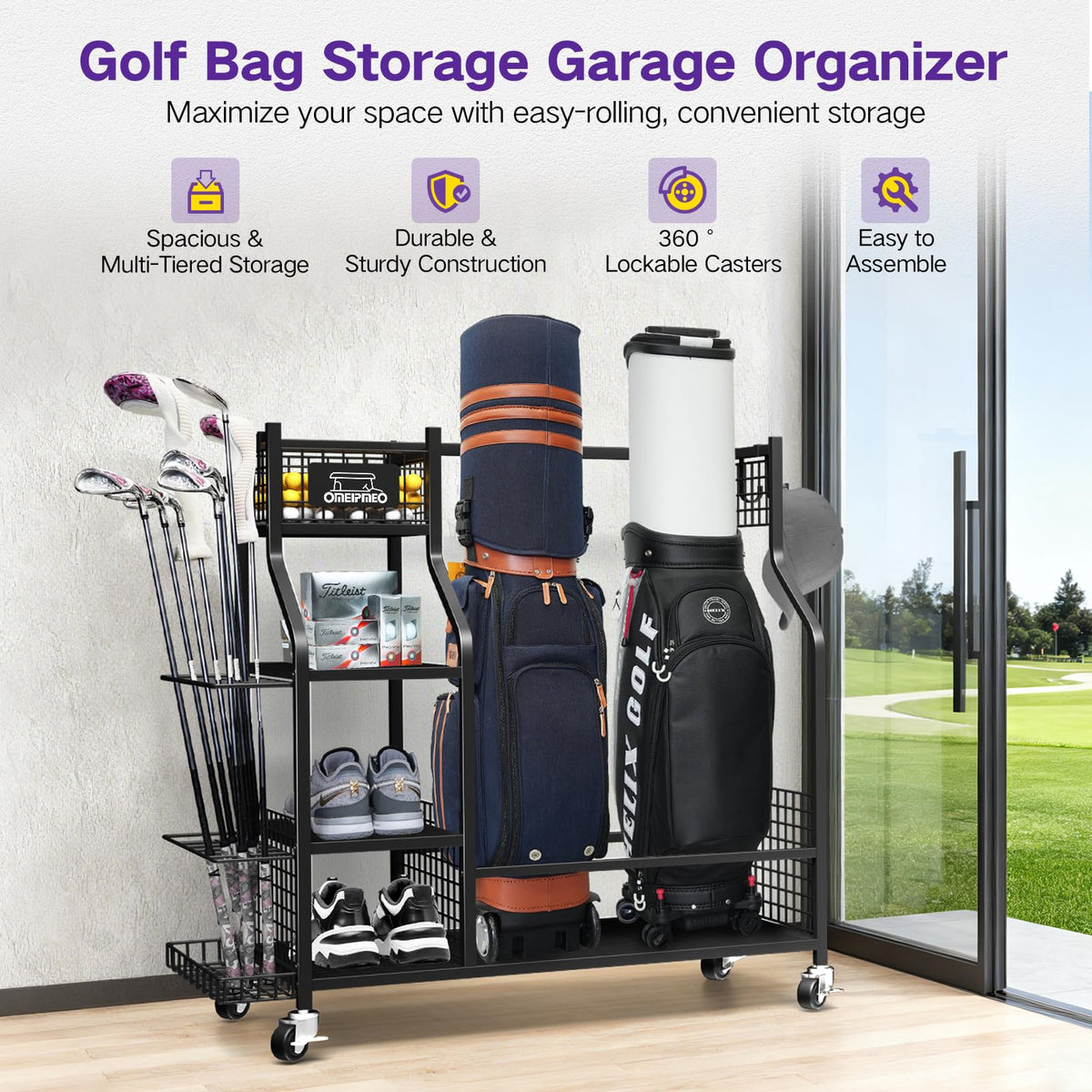 OMEIPMEO golf gear organizer in garage showing neat layout