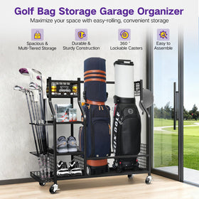 OMEIPMEO golf gear organizer in garage showing neat layout