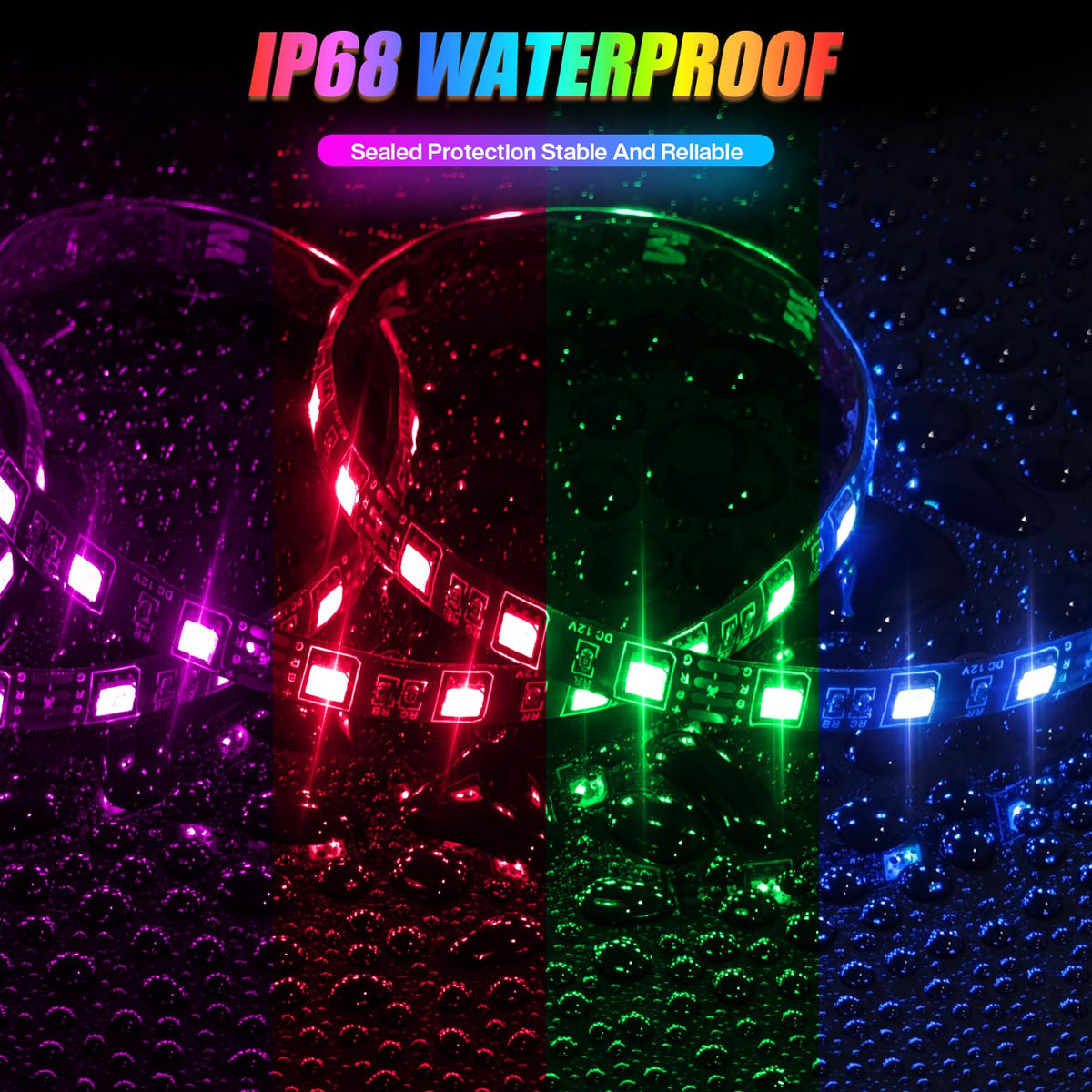 OMEIPMEO IP68 waterproof LED strip resists mud and rain for outdoor use.