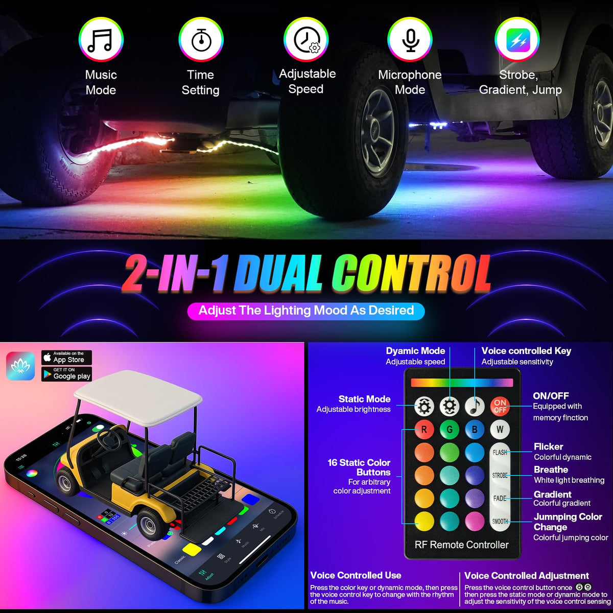 OMEIPMEO music-sync underglow lights react to beats for dynamic ambiance.