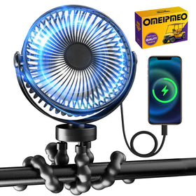 OMEIPMEO rechargeable golf cart fan showing battery life for all-day cooling
