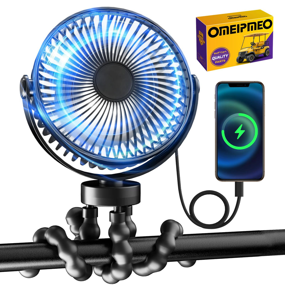 OMEIPMEO rechargeable golf cart fan showing battery life for all-day cooling