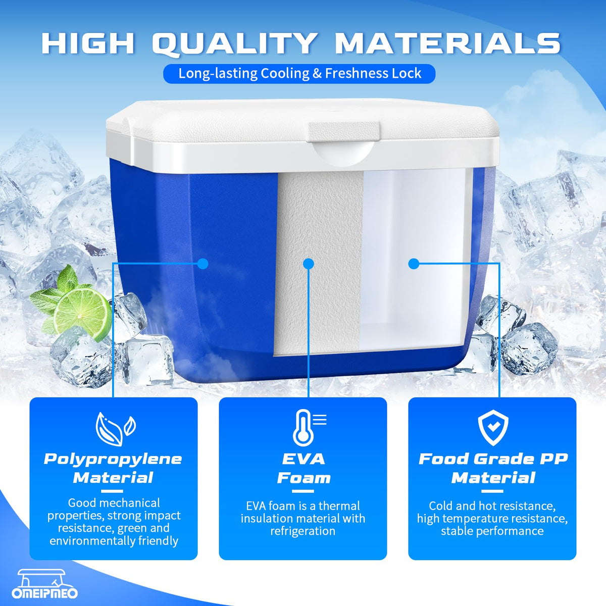 Side view of the blue OMEIPMEO cooler mounted on cart
