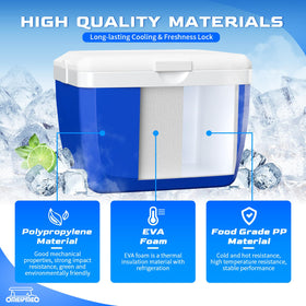 Side view of the blue OMEIPMEO cooler mounted on cart