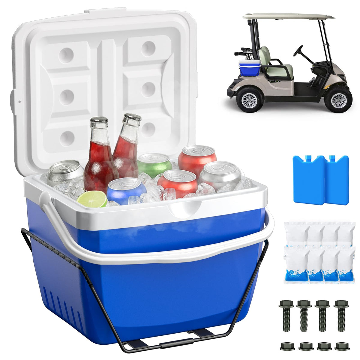 OMEIPMEO Upgrade 15L golf cart cooler front view showing blue unit