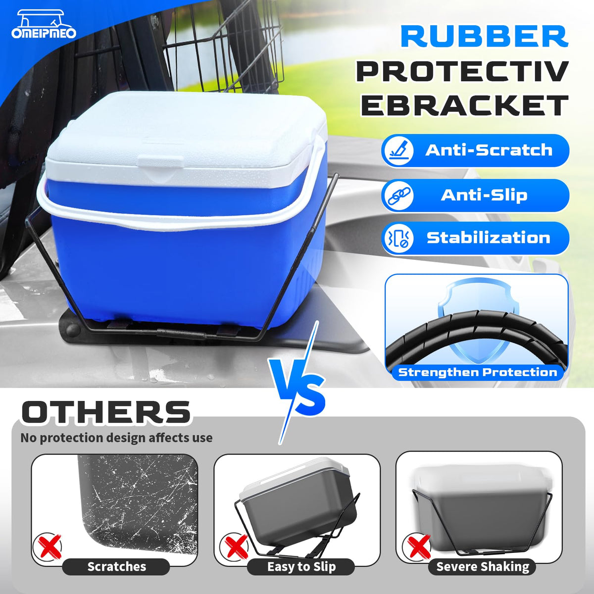 Gently placed on a golf cart during use with handles up