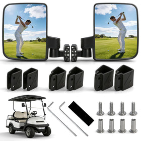 Omgro folding mirrors on a golf cart provide a clear side view for safer driving.