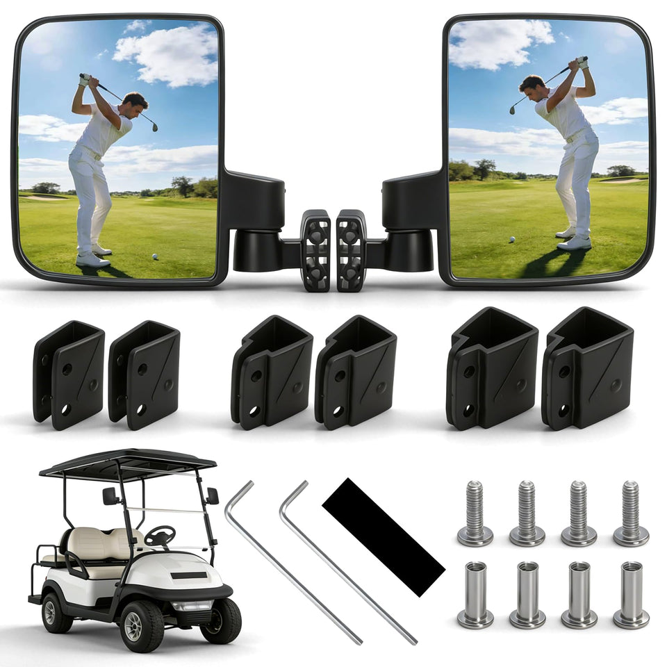 Omgro folding mirrors on a golf cart provide a clear side view for safer driving.