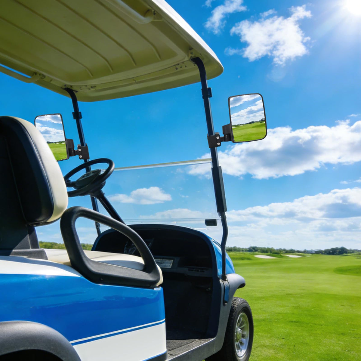 Omgro folding mirrors fit EZGO, Club Car, and Yamaha carts across many models.