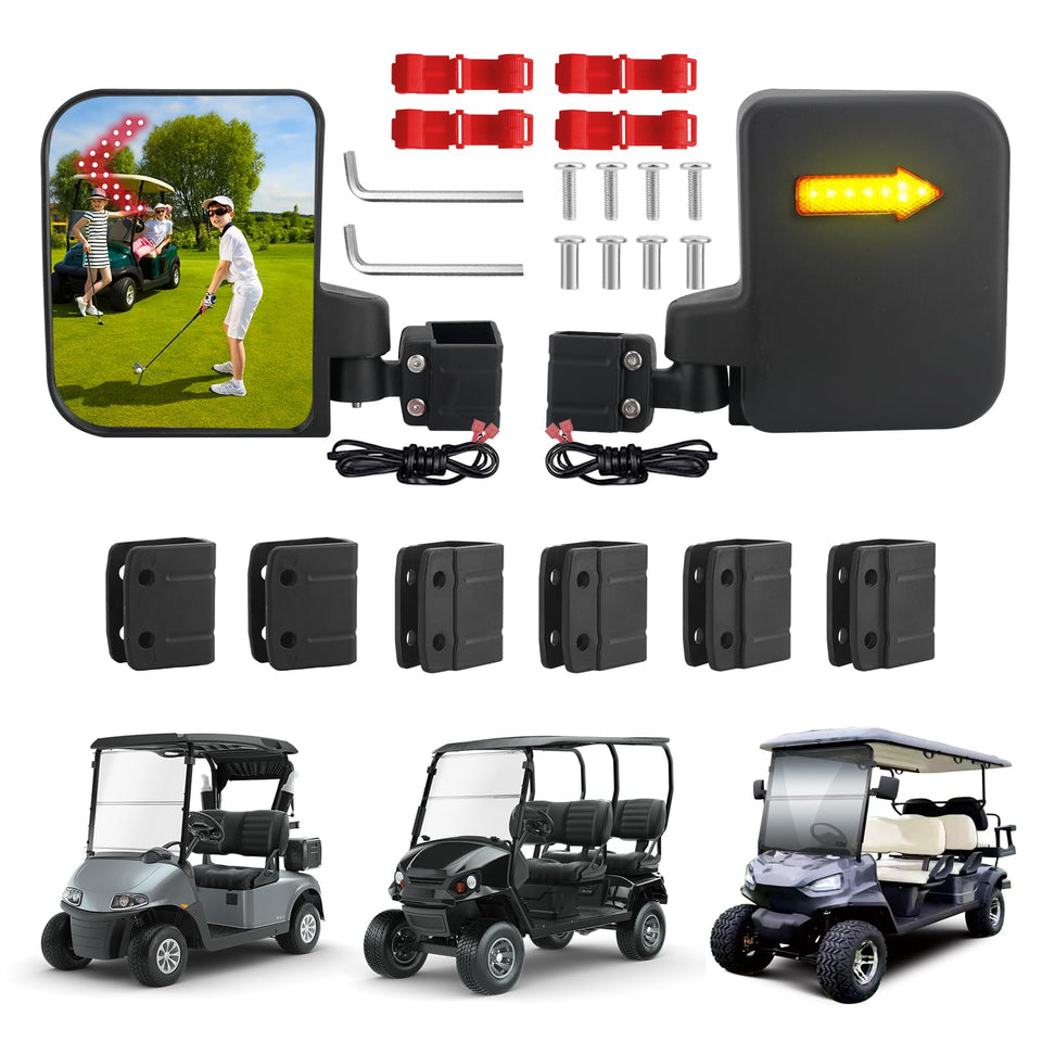 Omgro golf cart side view mirror with turn signal clip enhances course visibility.