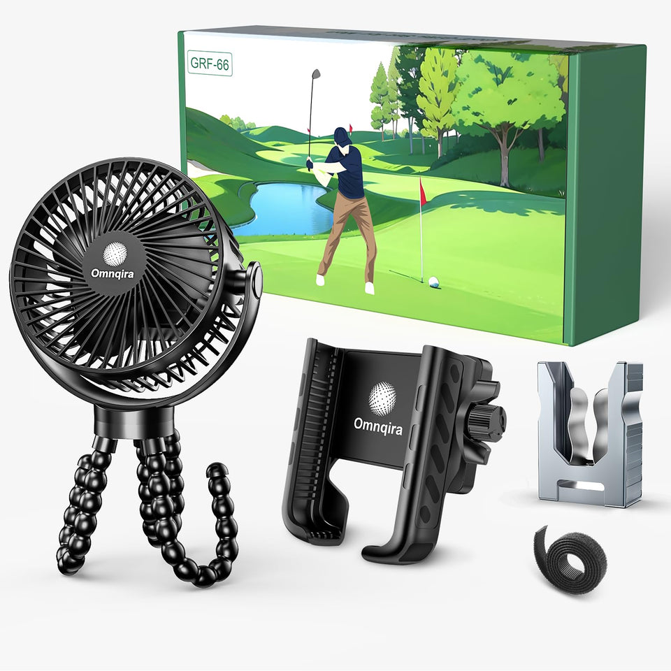 Omnqira golf cart fan 360-degree rotation for cool comfort during rounds.