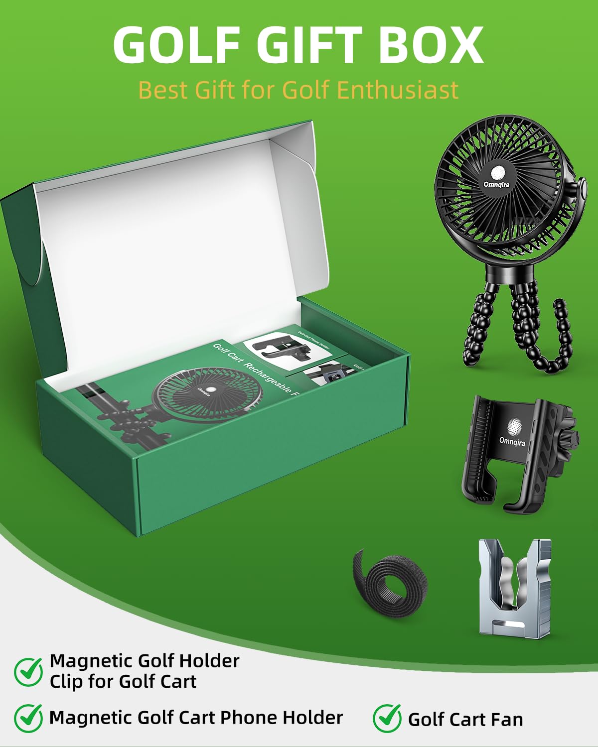 Omnqira magnetic golf cart phone holder secures device for easy swing videos.
